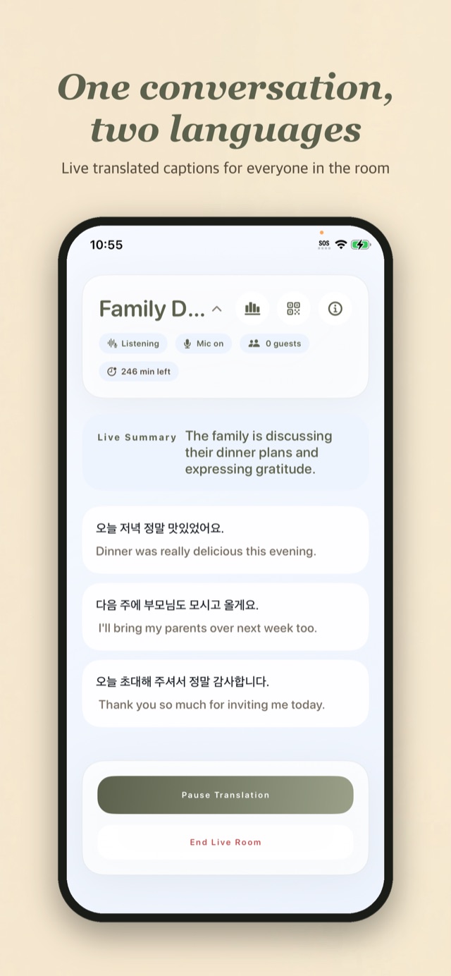 Tablow iOS host app in a live family dinner room, translating Korean speech into English captions with a live summary