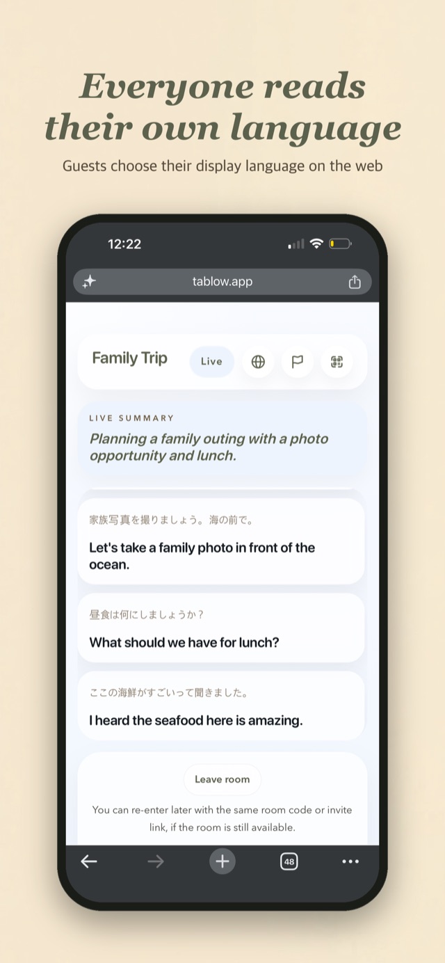 Tablow guest web viewer at tablow.app showing Japanese speech translated into English with a live summary